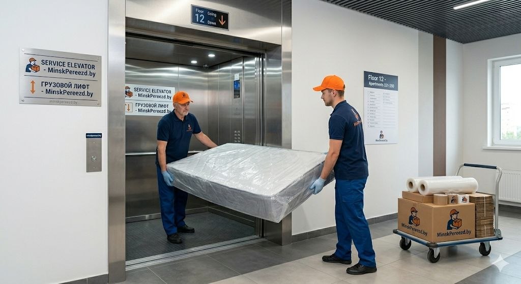 Спуск мебели и вещей грузовым лифтом к машине — перевозка при квартирном переезде Минск